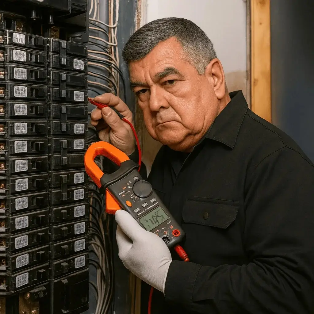 Elektriker misst Spannung im Sicherungskasten